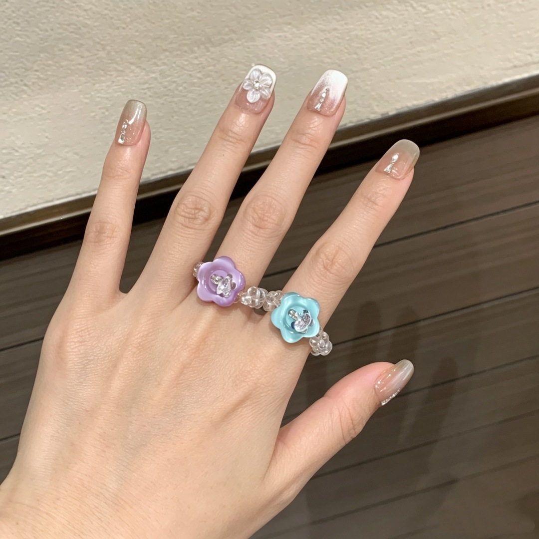 Women's Handmade Floral Button Stretch Ring, Fun Stackable Design